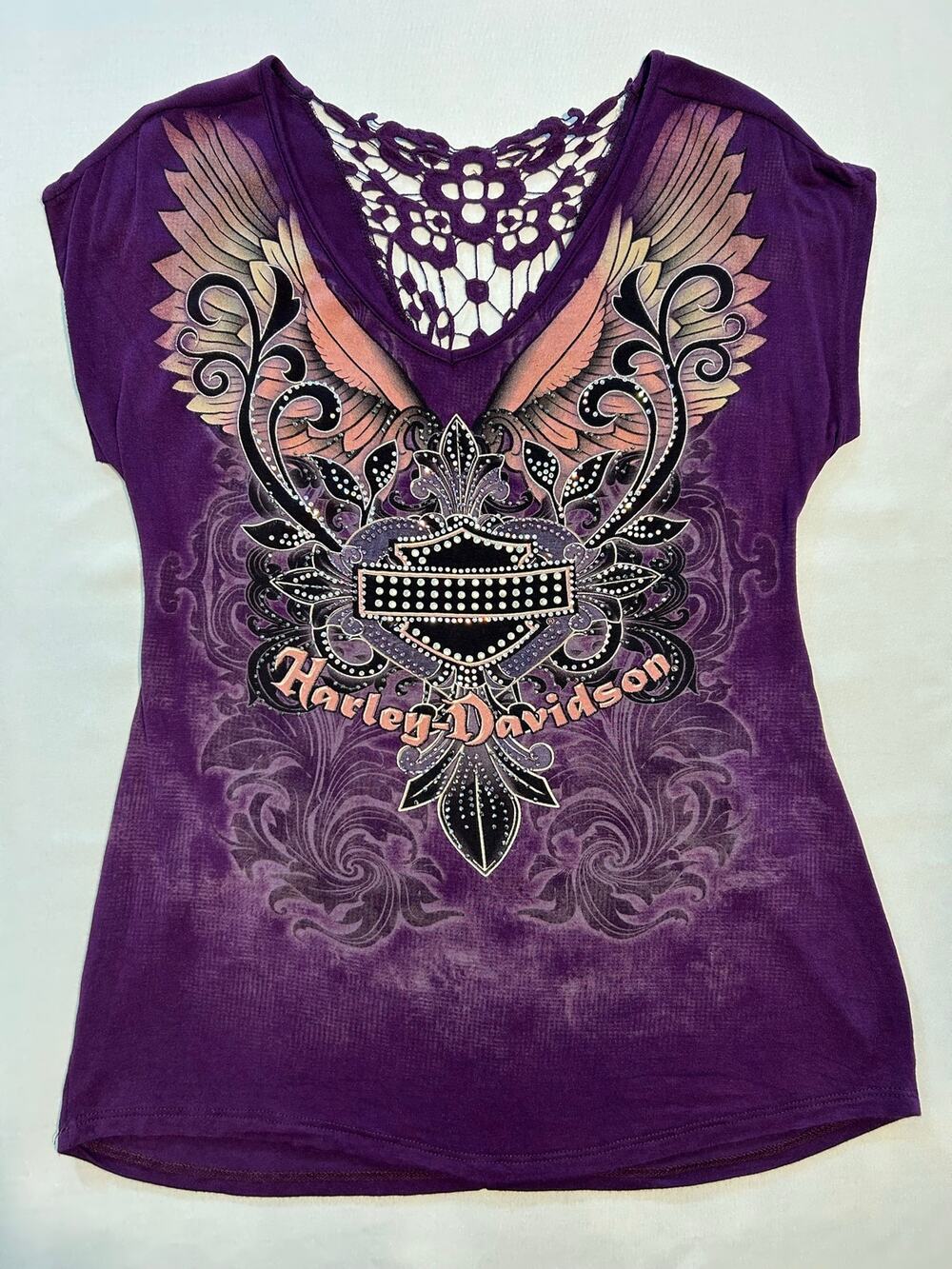 Harley Davidson Women's V-Neck T-Shirt Crochet Back Purple XL